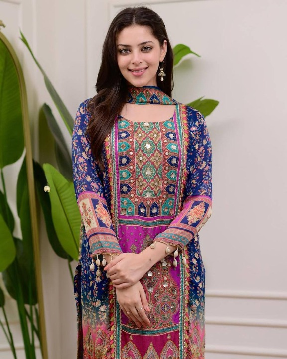 Traditional Salwar Kameez with Rich Print & Pom Pom Detailing