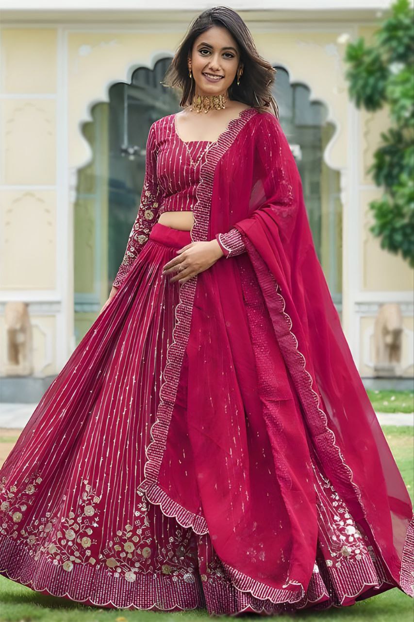 Designer Pink Semi-Stitched Lehenga with Dupatta – Elegant Embroidery & Sequin Work