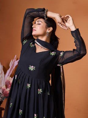 Sophisticated Black Anarkali Suit with Multi-Color Floral Work
