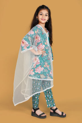 Girls Floral Printed Kurti Set with Matching Pajama and White Dupatta - Ethnic Wear for Kids