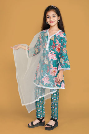 Girls Floral Printed Kurti Set with Matching Pajama and White Dupatta - Ethnic Wear for Kids