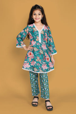Girls Floral Printed Kurti Set with Matching Pajama and White Dupatta - Ethnic Wear for Kids