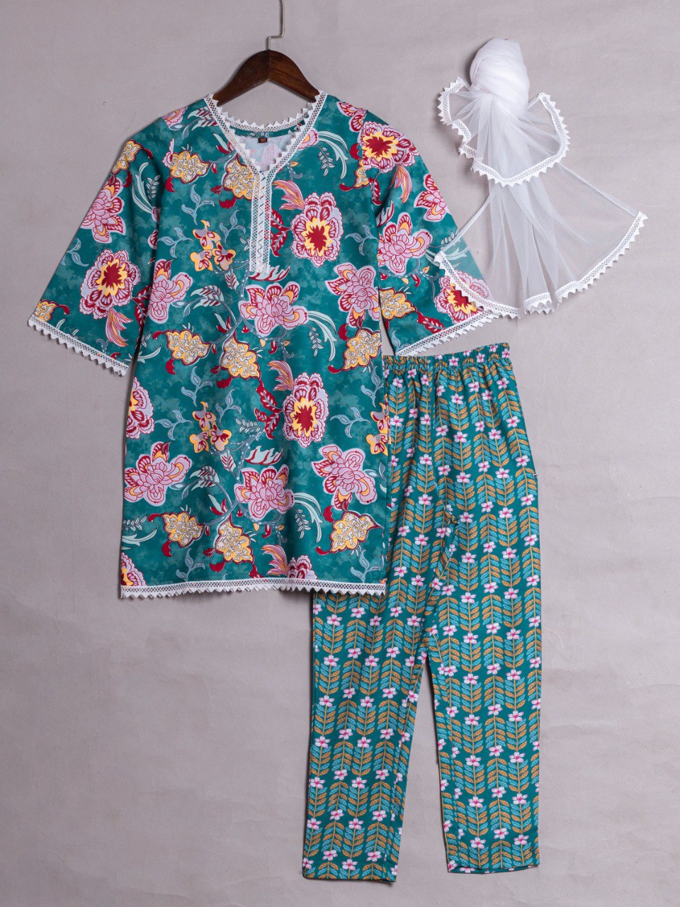 Girls Floral Printed Kurti Set with Matching Pajama and White Dupatta - Ethnic Wear for Kids