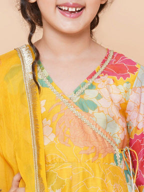 Girls' Yellow Floral Anarkali Kurta with Sharara & Dupatta Set – Stylish Ethnic Wear for Festive & Casual Occasions