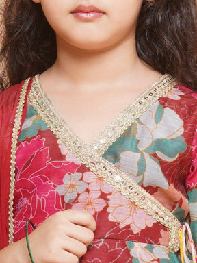 Girls' Red Floral Anarkali Kurta with Sharara & Dupatta Set – Stylish Ethnic Wear for Festive Occasions