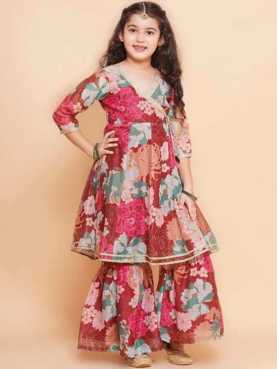 Girls' Red Floral Anarkali Kurta with Sharara & Dupatta Set – Stylish Ethnic Wear for Festive Occasions