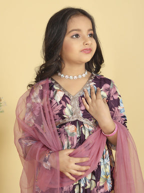 Kids Designer Floral Kurti Set with Matching Pink Dupatta