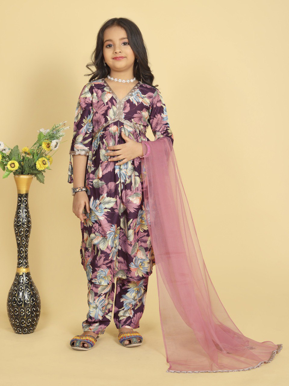 Kids Designer Floral Kurti Set with Matching Pink Dupatta