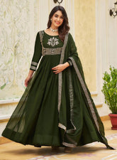 Elegant Olive Green Embroidered Anarkali Gown with Dupatta