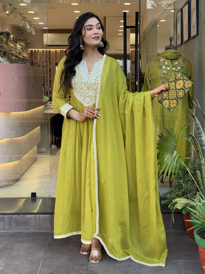 Vibrant Lime Green Anarkali Gown with White Embroidery