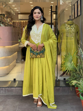 Vibrant Lime Green Anarkali Gown with White Embroidery