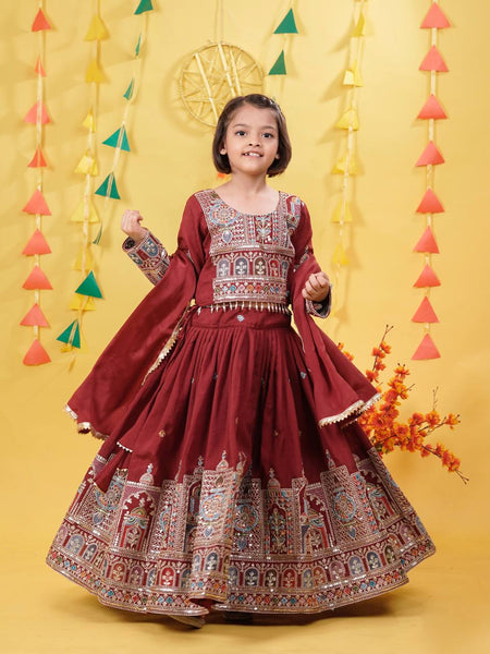 Maroon Traditional Mirror Work Lehenga Choli for Girls