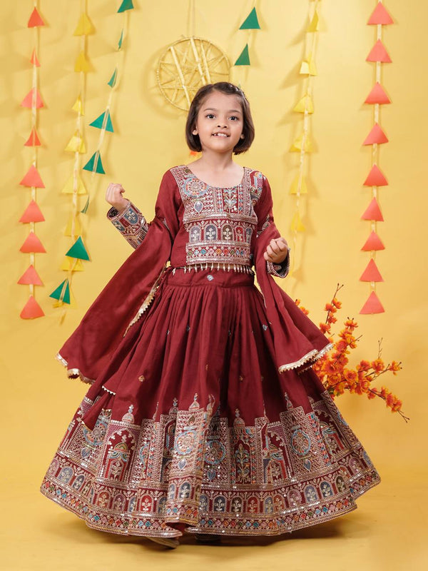 Maroon Traditional Mirror Work Lehenga Choli for Girls