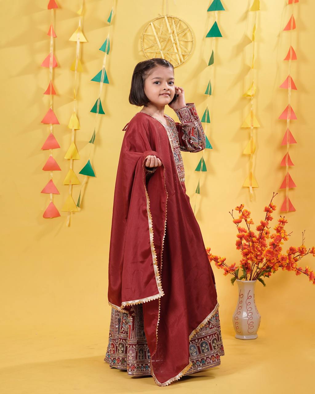 Maroon Traditional Mirror Work Lehenga Choli for Girls