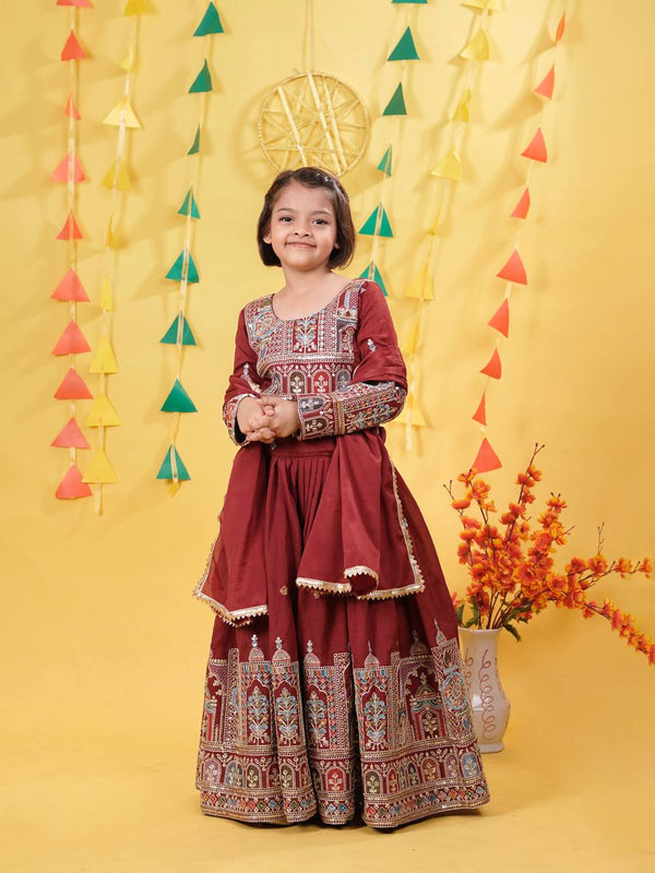 Maroon Traditional Mirror Work Lehenga Choli for Girls