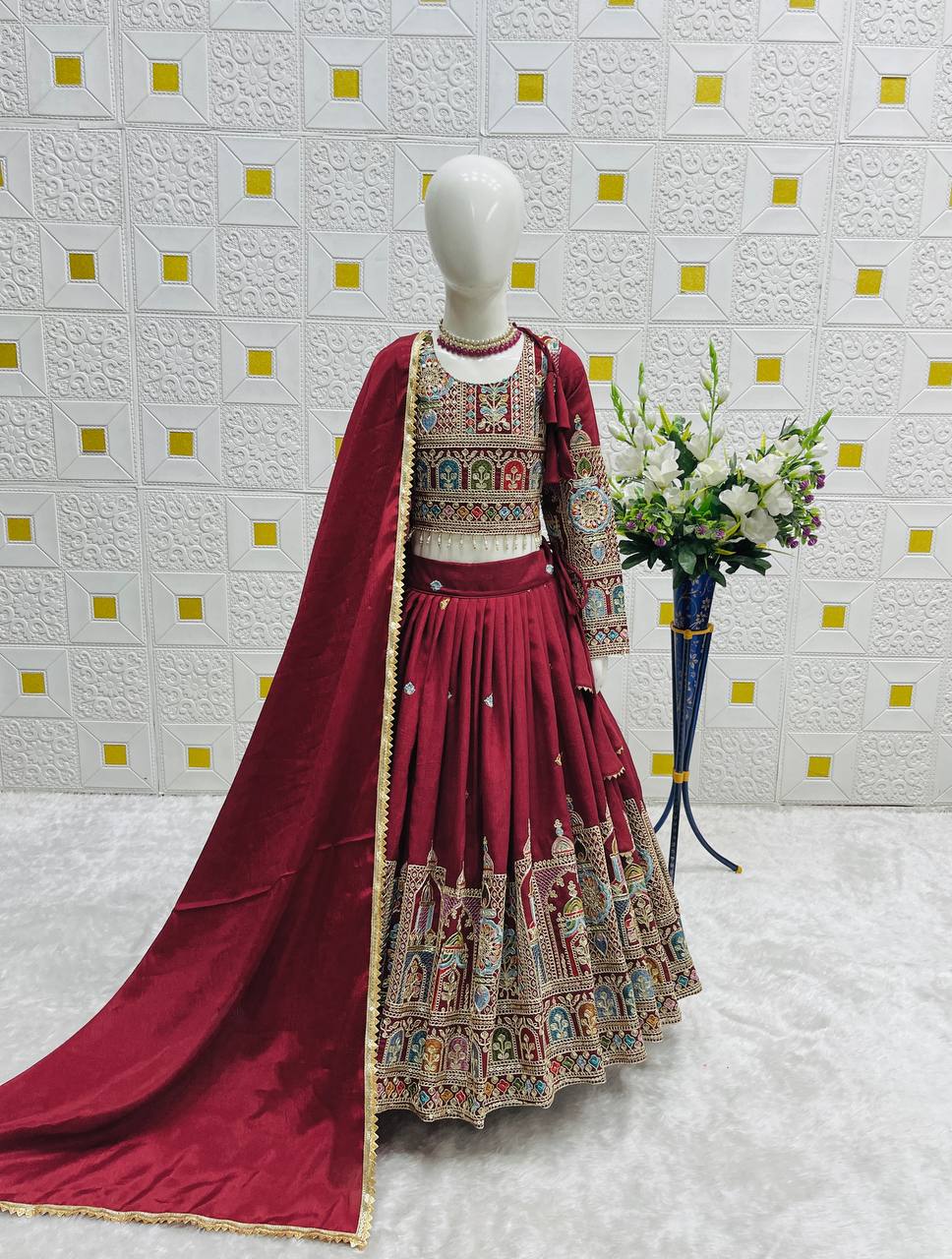 Maroon Traditional Mirror Work Lehenga Choli for Girls