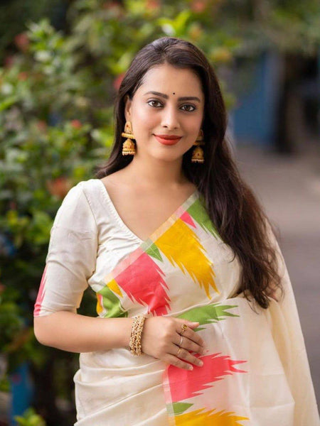 Elegant White Lichi Silk Saree with Multicolor Abstract Floral Print – Perfect for Casual and Festive Occasions