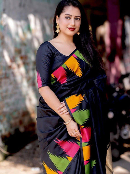 Black Lichi Silk Saree with Multicolor Abstract Floral Print – Perfect for Casual and Festive Occasions 