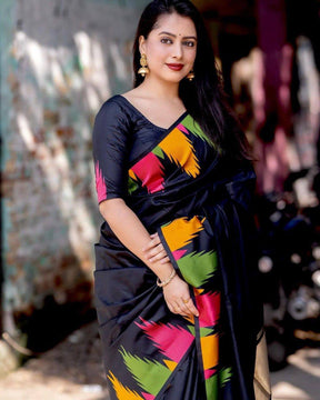 Black Lichi Silk Saree with Multicolor Abstract Floral Print – Perfect for Casual and Festive Occasions 