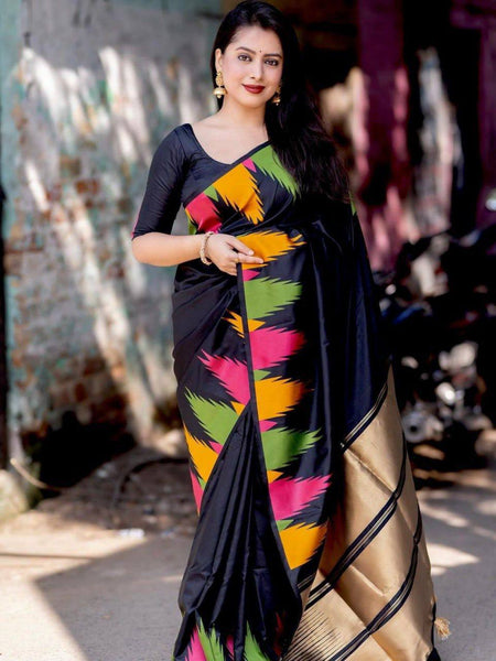 Black Lichi Silk Saree with Multicolor Abstract Floral Print – Perfect for Casual and Festive Occasions 