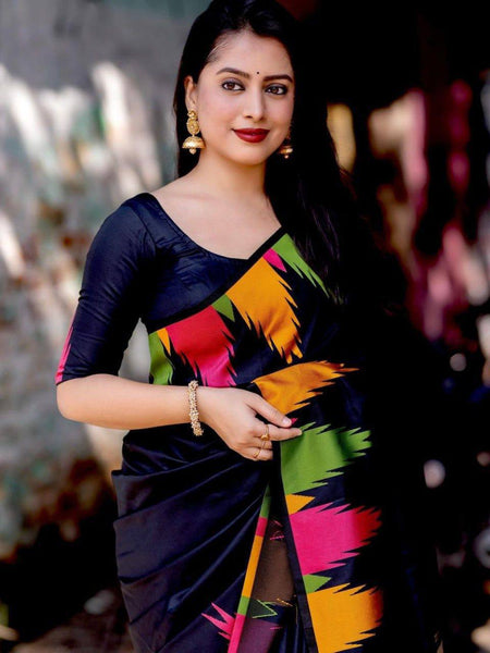 Black Lichi Silk Saree with Multicolor Abstract Floral Print – Perfect for Casual and Festive Occasions 