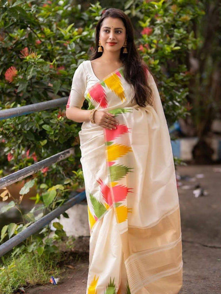 Elegant White Lichi Silk Saree with Multicolor Abstract Floral Print – Perfect for Casual and Festive Occasions