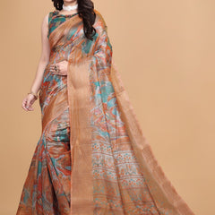 Elegant Printed Silk Saree with Golden Border | Traditional Indian Saree for Weddings & Festivals