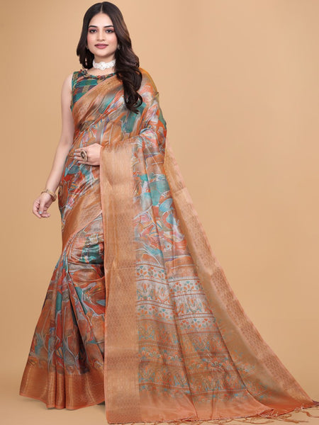 Elegant Printed Silk Saree with Golden Border | Traditional Indian Saree for Weddings & Festivals