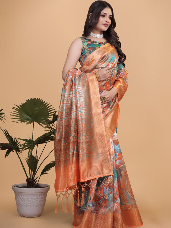 Elegant Printed Silk Saree with Golden Border | Traditional Indian Saree for Weddings & Festivals