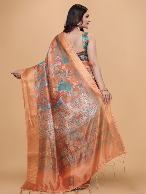 Elegant Printed Silk Saree with Golden Border | Traditional Indian Saree for Weddings & Festivals