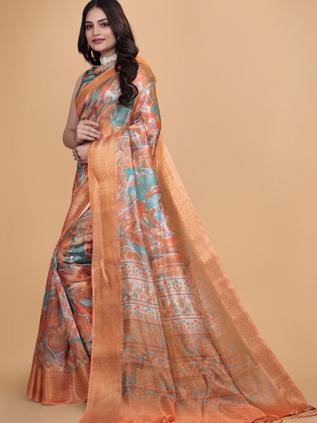 Elegant Printed Silk Saree with Golden Border | Traditional Indian Saree for Weddings & Festivals