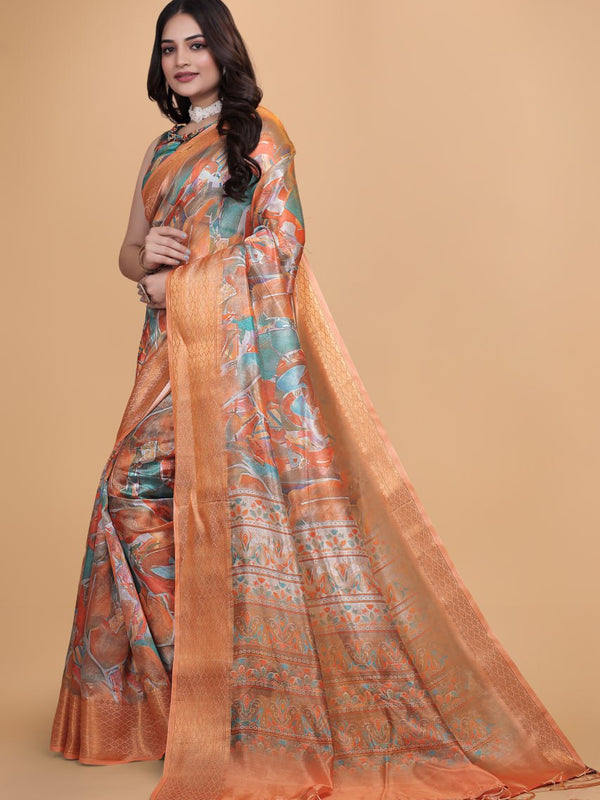Elegant Printed Silk Saree with Golden Border | Traditional Indian Saree for Weddings & Festivals
