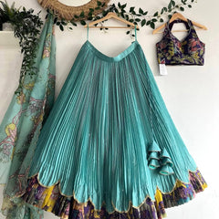 Girls Aqua Blue Pleated Lehenga Choli with Printed Border and Designer Blouse