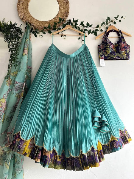 Girls Aqua Blue Pleated Lehenga Choli with Printed Border and Designer Blouse