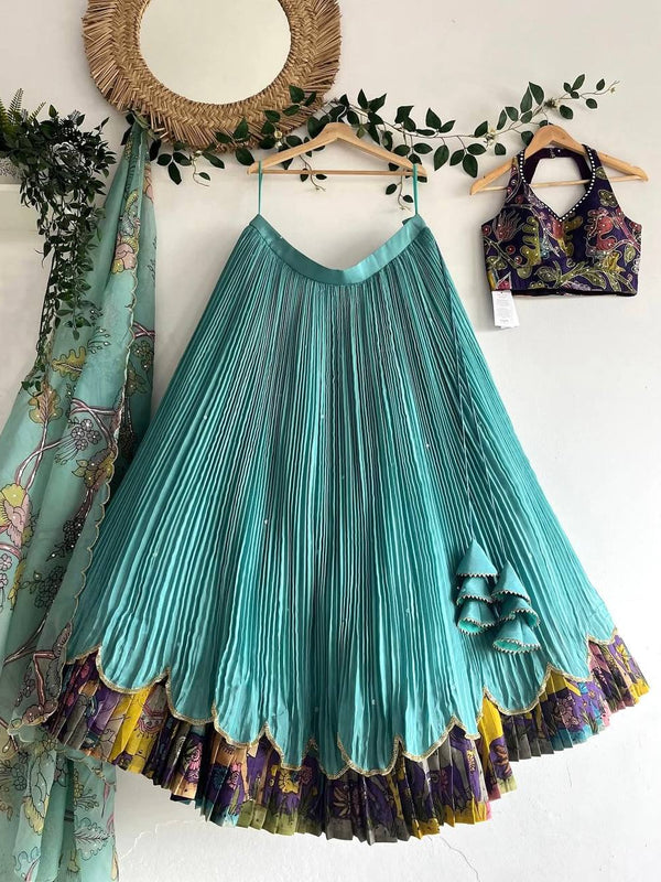 Girls Aqua Blue Pleated Lehenga Choli with Printed Border and Designer Blouse