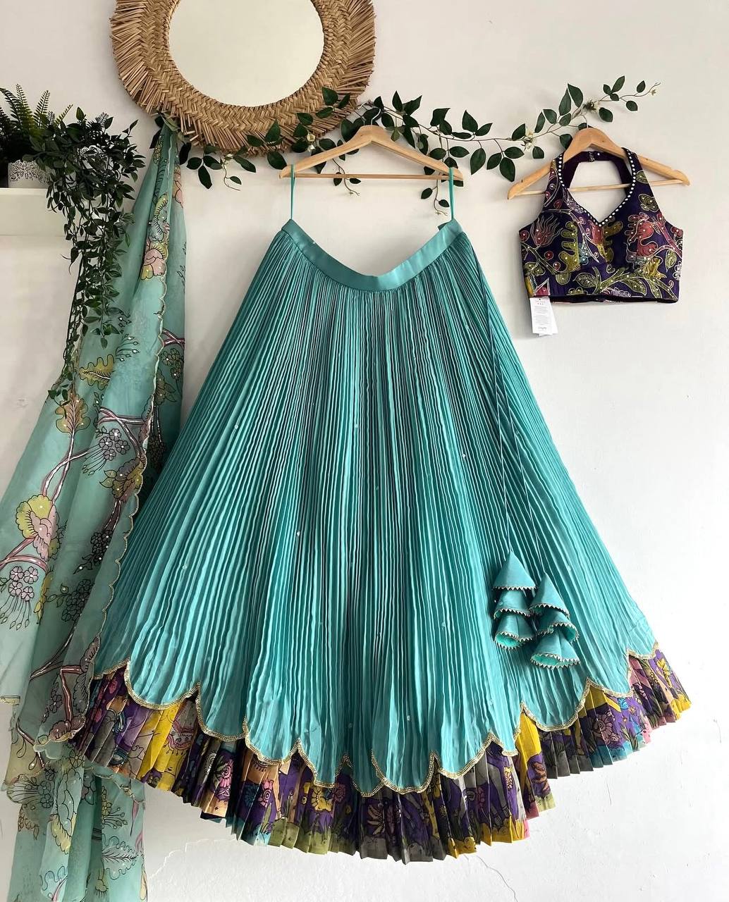 Girls Aqua Blue Pleated Lehenga Choli with Printed Border and Designer Blouse