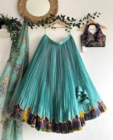 Girls Aqua Blue Pleated Lehenga Choli with Printed Border and Designer Blouse