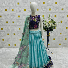 Girls Aqua Blue Pleated Lehenga Choli with Printed Border and Designer Blouse