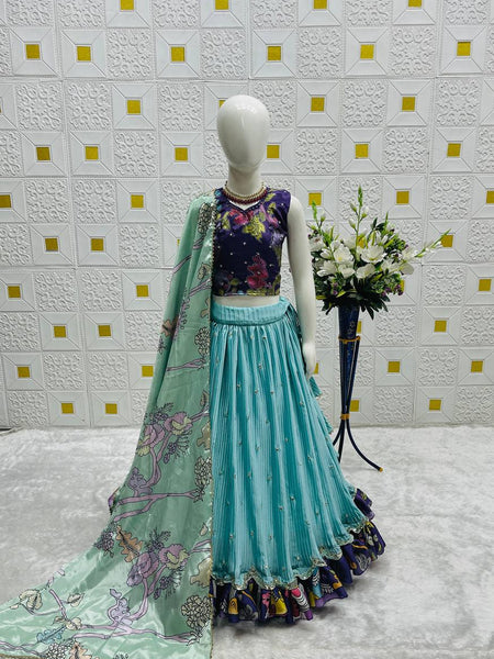 Girls Aqua Blue Pleated Lehenga Choli with Printed Border and Designer Blouse