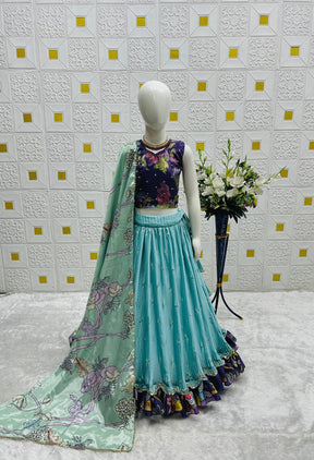 Girls Aqua Blue Pleated Lehenga Choli with Printed Border and Designer Blouse