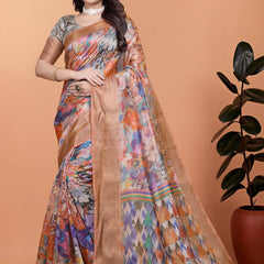 Elegant Printed Silk Saree with Golden Border | Floral & Geometric Design for Weddings & Festive Occasions