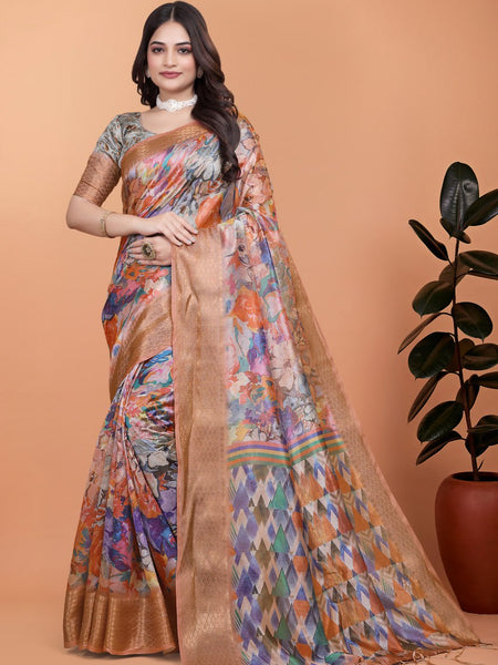 Elegant Printed Silk Saree with Golden Border | Floral & Geometric Design for Weddings & Festive Occasions