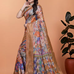 Elegant Printed Silk Saree with Golden Border | Floral & Geometric Design for Weddings & Festive Occasions