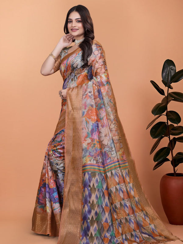 Elegant Printed Silk Saree with Golden Border | Floral & Geometric Design for Weddings & Festive Occasions