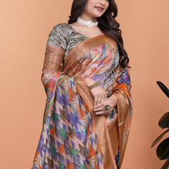 Elegant Printed Silk Saree with Golden Border | Floral & Geometric Design for Weddings & Festive Occasions