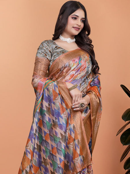 Elegant Printed Silk Saree with Golden Border | Floral & Geometric Design for Weddings & Festive Occasions