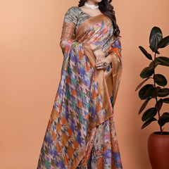 Elegant Printed Silk Saree with Golden Border | Floral & Geometric Design for Weddings & Festive Occasions