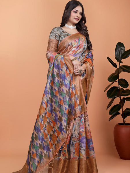 Elegant Printed Silk Saree with Golden Border | Floral & Geometric Design for Weddings & Festive Occasions