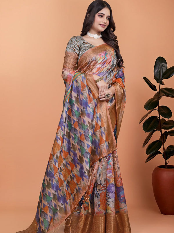 Elegant Printed Silk Saree with Golden Border | Floral & Geometric Design for Weddings & Festive Occasions