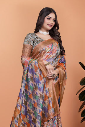 Elegant Printed Silk Saree with Golden Border | Floral & Geometric Design for Weddings & Festive Occasions